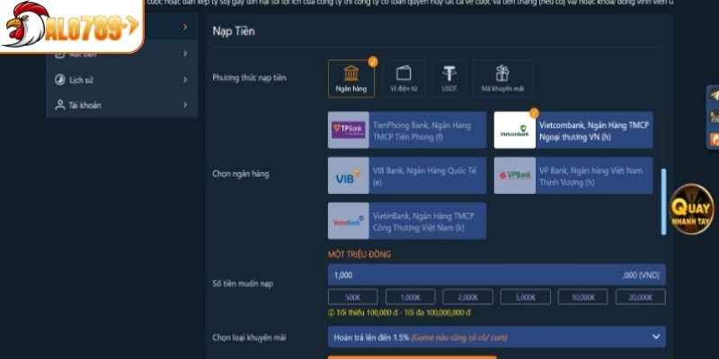 Nạp tiền vào tài khoản game qua e-banking